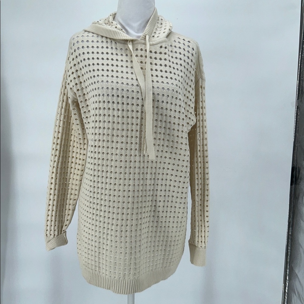 Worth New York Ivory Open Knit Hoodie Sweater Cotton Cashmere Small - Picture 3 of 11